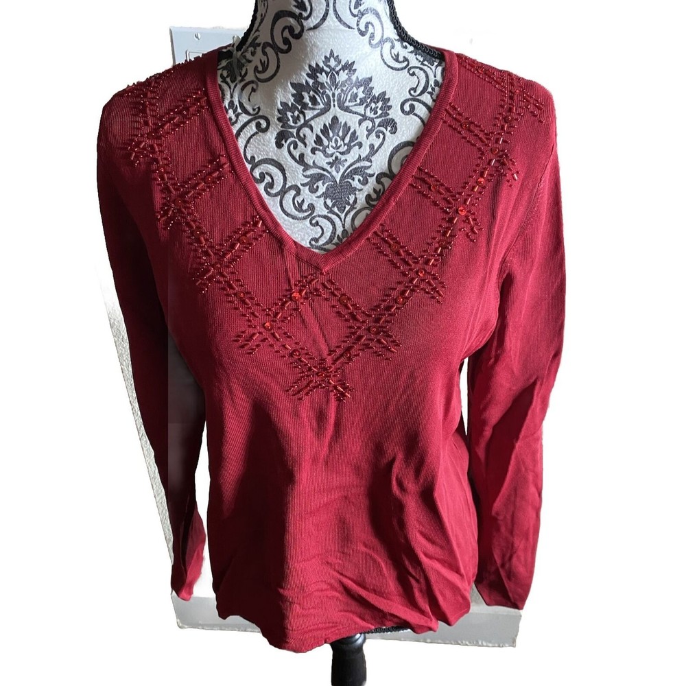 NWT East 5th L Sweater red Sequin Beaded Large V Neck Stretch Lg